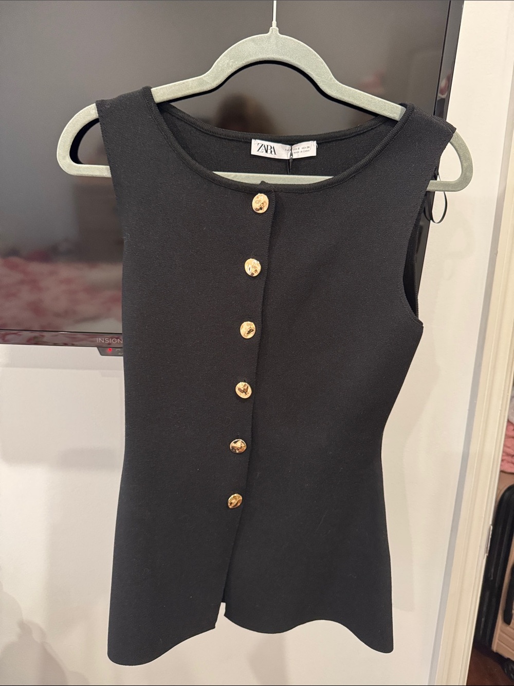 Zara Black Sleeveless Button Vest with Gold Buttons Stretch Long Tunic Style NWT